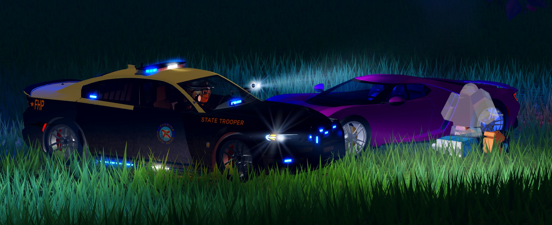 Florida Highway Patrol state trooper vehicle lit up at night beside a sports car